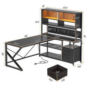 L-Shaped Gaming Desk with Bookshelf, Glass Cabinet, LED Lights, Drawers & Power Strip