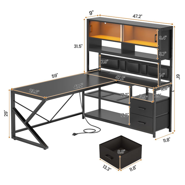 L-Shaped Gaming Desk with Bookshelf, Glass Cabinet, LED Lights, Drawers & Power Strip
