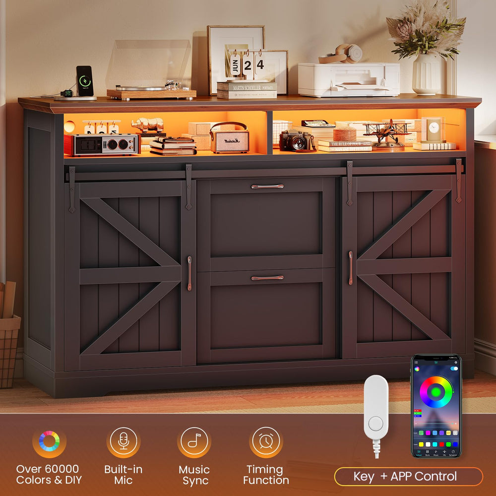 47.2" File Cabinet with 2 Drawers, Barn Door & LED Lights