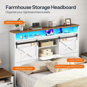 Queen Size Headboard with Storage, LED Lights & Charging Station