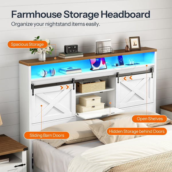 Queen Size Headboard with Storage, LED Lights & Charging Station