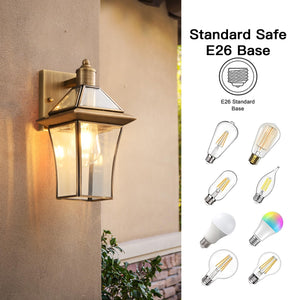 Brass Outdoor Wall Lanterns 2-Pack – Waterproof Glass Shade Sconces for Porch, Front Door & Entryway