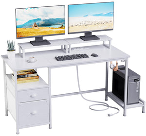 47" Computer Desk with File Cabinet, Power Outlets & Monitor Stands
