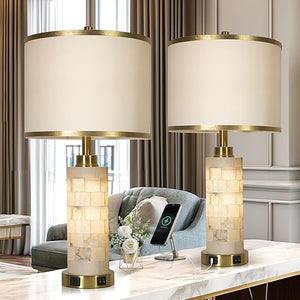 Alabaster & Wood Table Lamp Set of 2 with USB Ports & Night Light