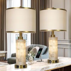 Alabaster Table Lamps Set of 2 with USB Ports, Night Light & Linen Shade