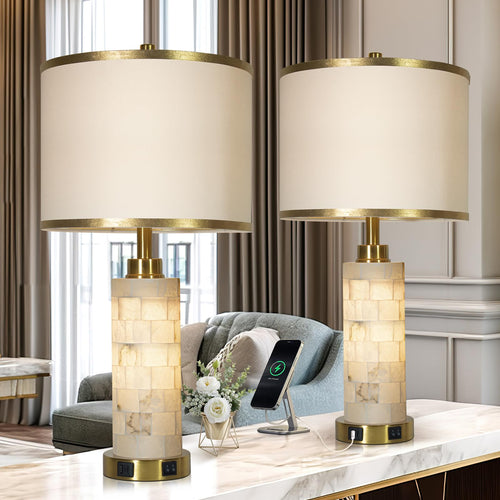 Alabaster Table Lamps Set of 2 with USB Ports, Night Light & Linen Shade