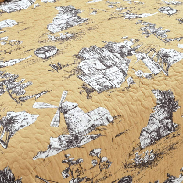 French Country Toile Reversible Cotton Quilt Set — King, Yellow/Gray
