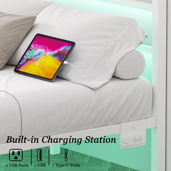 Full Size Bed Frame with LED Lights & Charging Station