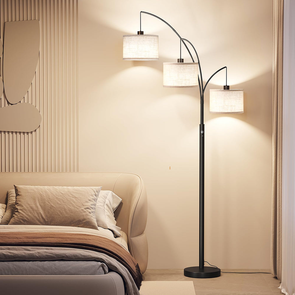 3-Light Arc Floor Lamp with Linen Drum Shades