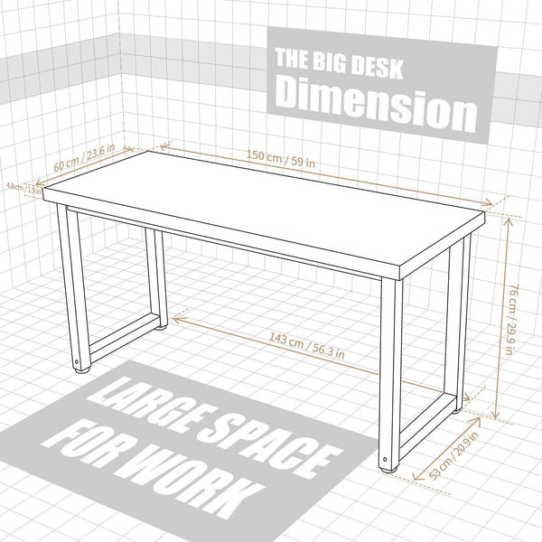 59-Inch Large Office Desk with Metal Frame and Thick Desktop