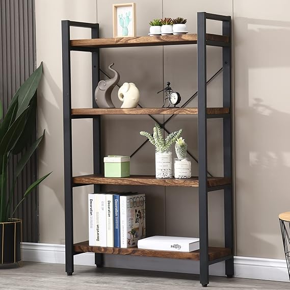 Industrial Wood & Metal Bookshelf – Multi-Tier Etagere Bookcase