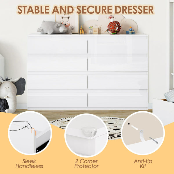 8-Drawer White Wood Dresser with Storage