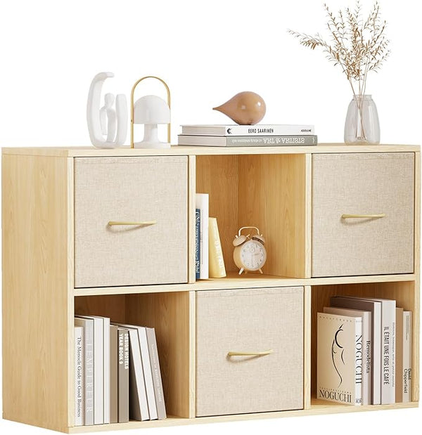 Cube Storage Organizer with Fabric Bins — Solid Wood Bookshelf