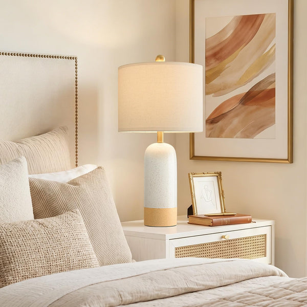 PoKat 24'' White Ceramic Table Lamps Set of 2, Farmhouse Bedside Lamps for Bedroom, Modern Nightstand Lamps for Living Room, Boho Rustic Table Lamps for Office Entryway Hallway, White & Earthy Yellow