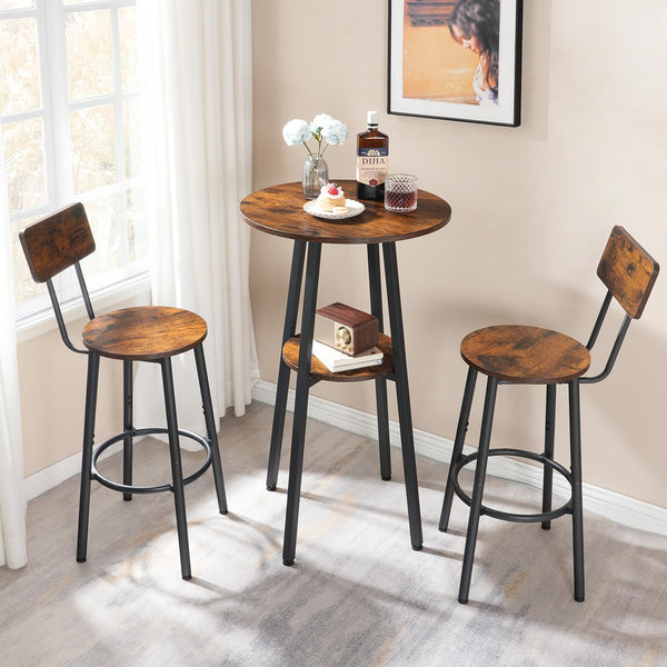 3-Piece Industrial Bar Table & Stools Set — Round Pub Table with 2 Bar Chairs