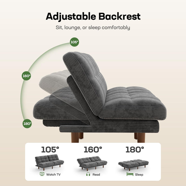 Convertible Futon Sofa Bed with Adjustable Backrest – Grey Corduroy