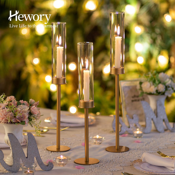 Gold Hurricane Candlestick Holders Set with Glass Candle Cover