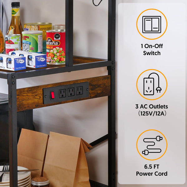Large Bakers Rack for Kitchen, 40-inch Wide Coffee Bar Station with Power Outlet, 5 Tier Microwave Stand Storage Shelf with S-Shaped Hooks, Metal Frame with Brown Wood Tabletop