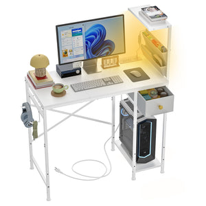 Computer Desk with LED Lights, Power Outlets & Storage – Small Gaming & Home Office Desk