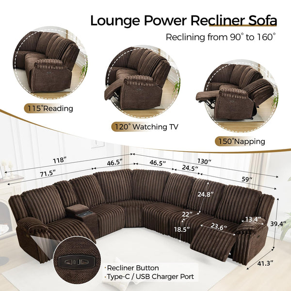 Power Reclining Sectional Sofa – 6-Seat Faux Fur with Wireless Charger