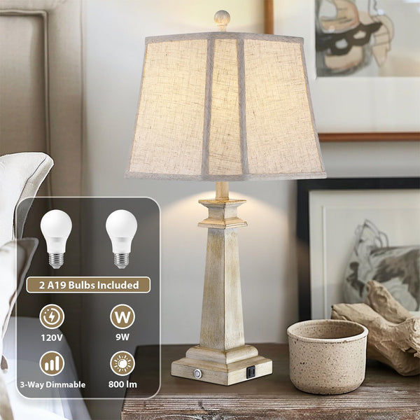 Farmhouse Touch Table Lamps Set of 2 with USB Charging Ports & Dimmable LED Bulbs