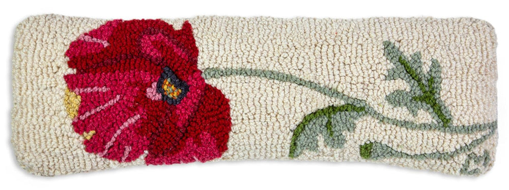 Hand-Hooked Wool Throw Pillow 8 x 24 Inch – White and Red Poppy