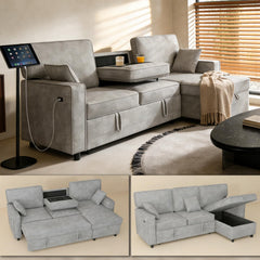 L-Shaped Sectional Sleeper Sofa with Storage & Cup Holders