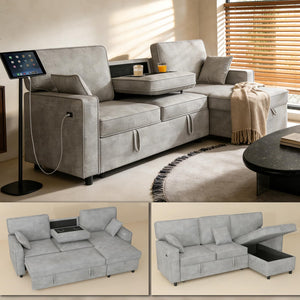 L-Shaped Sectional Sleeper Sofa with Storage & Cup Holders