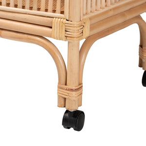 2-Tier Natural Rattan Wine Cart with Caster Wheels