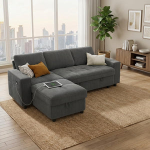 81" L-Shaped Sectional Sleeper Sofa with Pull-Out Bed & Storage