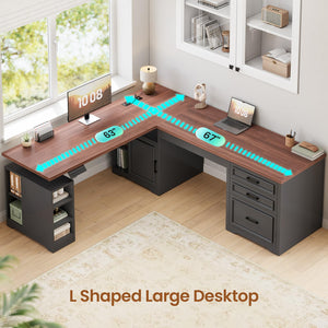 L-Shaped Electric Standing Desk with Drawers, Shelves & Power Outlet