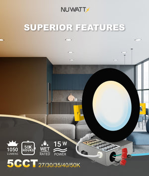 6-Inch Black LED Recessed Lighting 12-Pack 5CCT Dimmable Canless Wafer Light