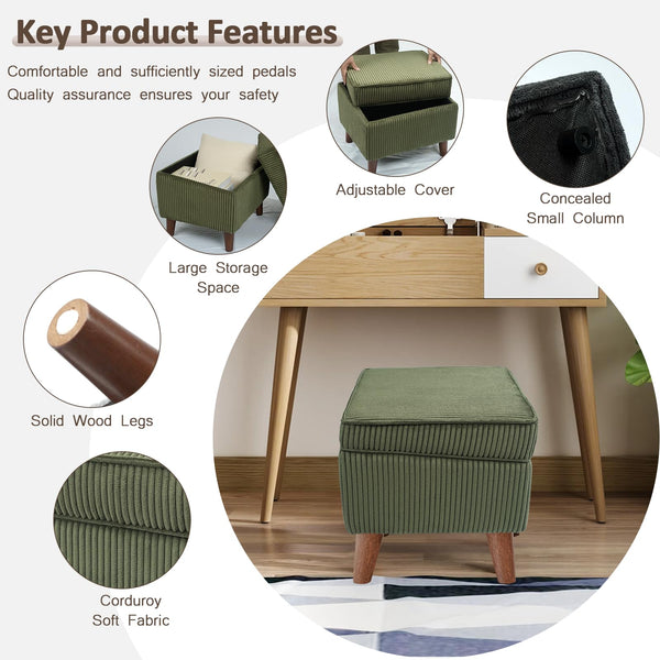 FAGAGA Storage Ottoman with Adjustable Lid, Soft Step Stool, Footrest and Seat, Ottoman Foot Rest for Living Room, Bedroom, Dorm, Green