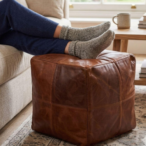 Square Leather Moroccan Pouf – Unstuffed Ottoman Footstool