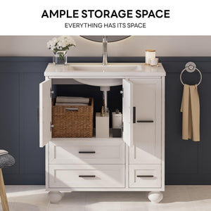 29.5" Bathroom Vanity with Sink, Hair Tool Drawer, 4 Drawers & 2 Doors – White