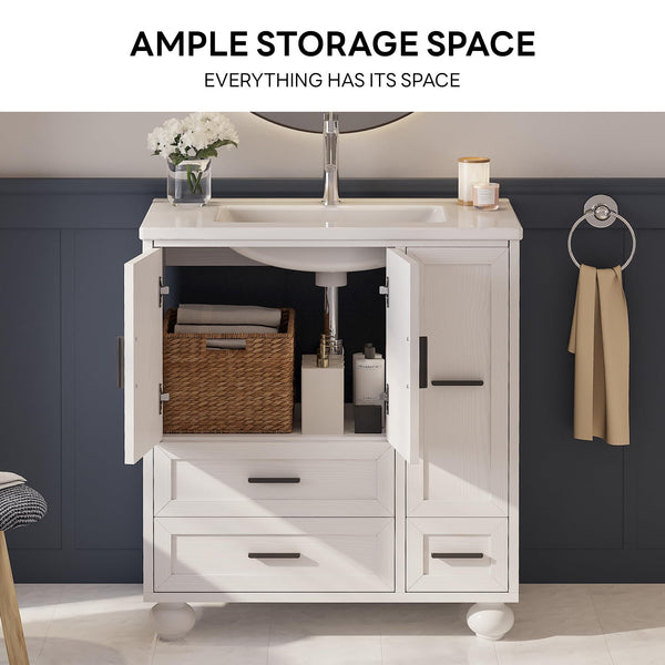 29.5" Bathroom Vanity with Sink, Hair Tool Drawer, 4 Drawers & 2 Doors – White