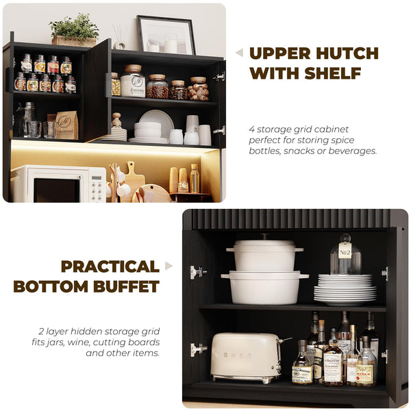 Fluted Kitchen Pantry with Wine Fridge & LED Bar Cabinet