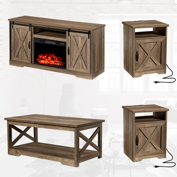 5-Piece Farmhouse Living Room Set with Electric Fireplace TV Stand