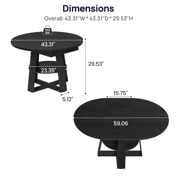 43–59" Fluted Extendable Round to Oval Dining Table with Storage, Seats 4–8