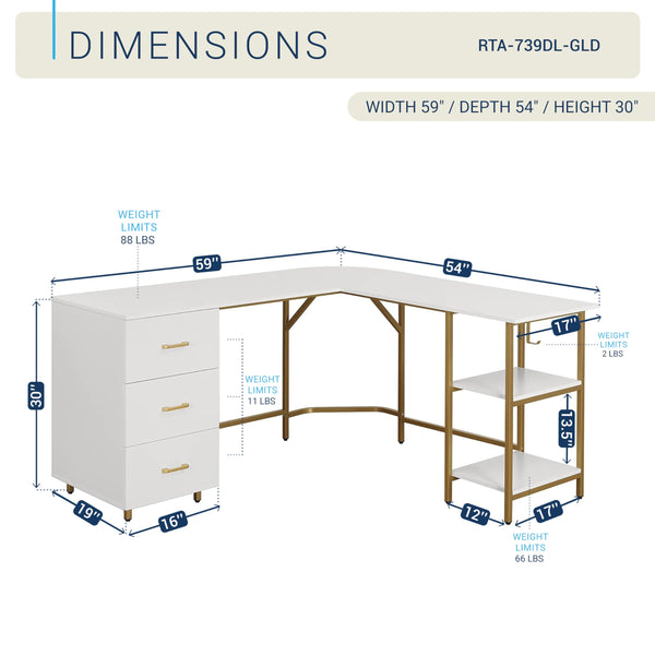 L-Shaped Computer Desk with Drawers & Storage Shelves