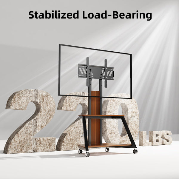 Heavy Duty Mobile TV Stand Rolling TV Cart with Wheels for 32-85 Inch Flat/Curved Led/LCD/OLED Portable Floor TV Stand with Wooden Shelves, Height Adjustable Holds up to 220lbs,Max VESA 600 x400mm