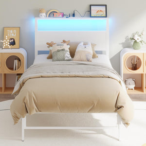 Twin Bed Frame with Headboard Shelf, RGB LED Light & Charging Station