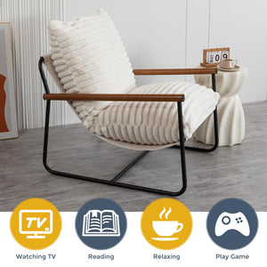 Fluffy Accent Chair with Wooden Arms & Metal Frame