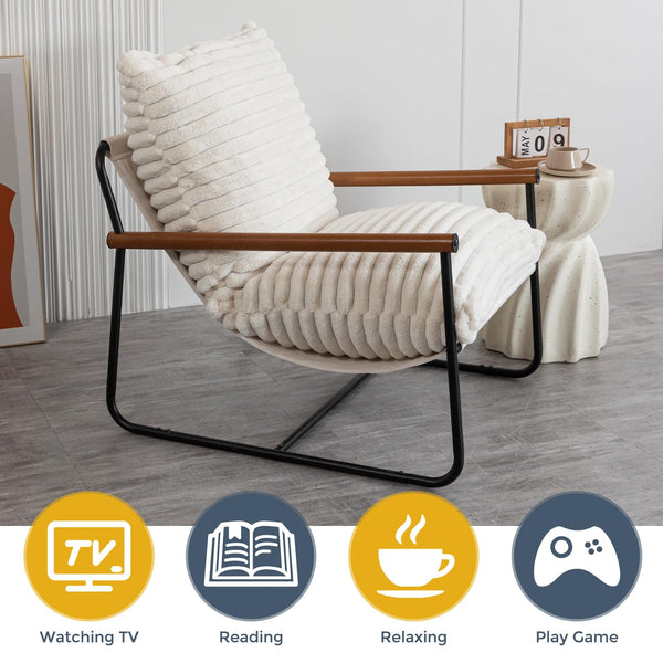 Fluffy Accent Chair with Wooden Arms & Metal Frame