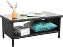 Outdoor Wicker Patio Coffee Table with 2-Layer Storage and Glass Top