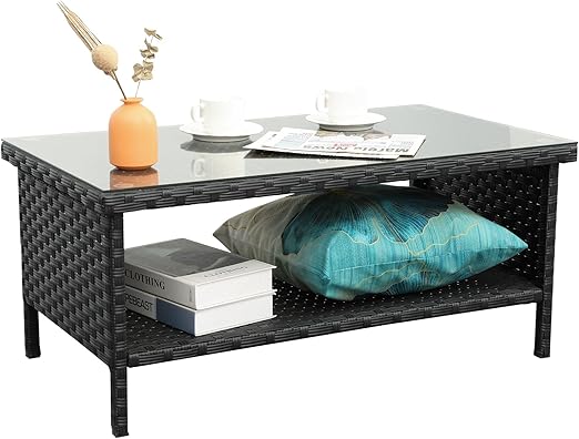 Outdoor Wicker Patio Coffee Table with 2-Layer Storage and Glass Top
