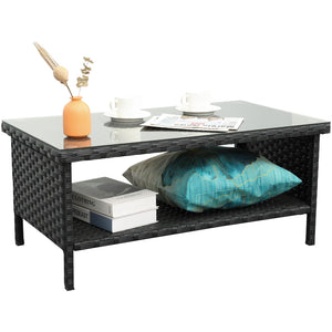 Outdoor Wicker Coffee Table with 2-Layer Glass Storage
