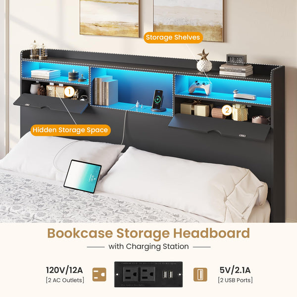 King Bed Frame with Storage Drawers, LED Lights & Charging Station