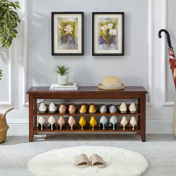 Solid Wood Shoe Storage Bench with 2-Tier Shelf