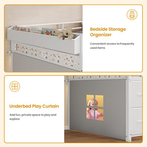 Twin Low Loft Bed with 7 Storage Drawers, LED Lights & Under-Bed Play Space
